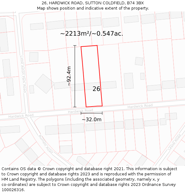 26, HARDWICK ROAD, SUTTON COLDFIELD, B74 3BX: Plot and title map