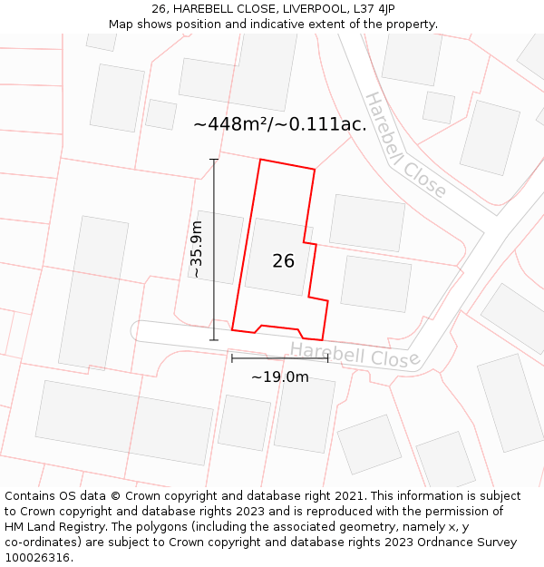26, HAREBELL CLOSE, LIVERPOOL, L37 4JP: Plot and title map