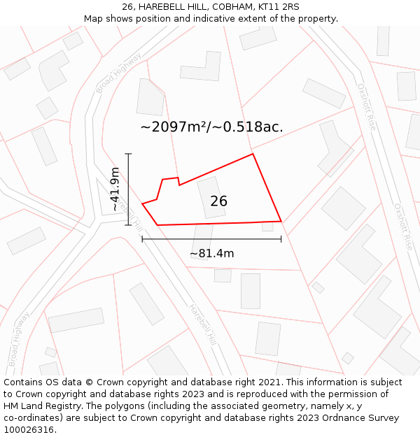 26, HAREBELL HILL, COBHAM, KT11 2RS: Plot and title map