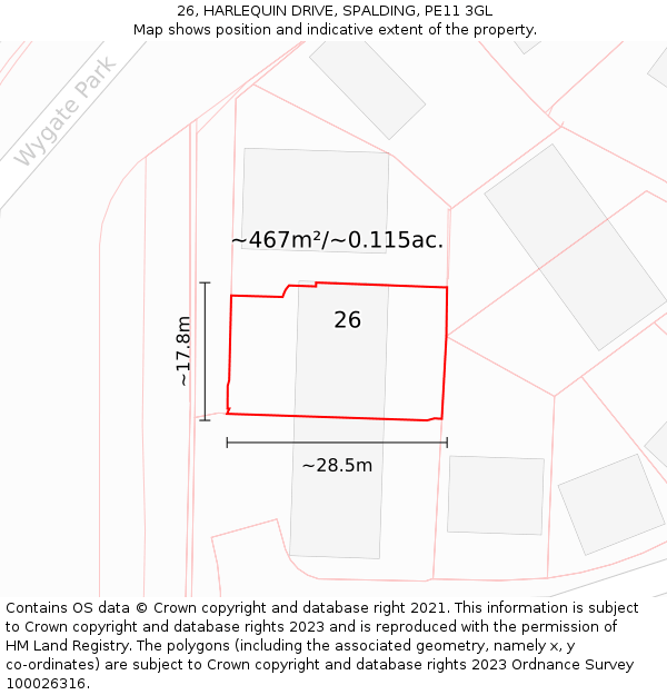 26, HARLEQUIN DRIVE, SPALDING, PE11 3GL: Plot and title map