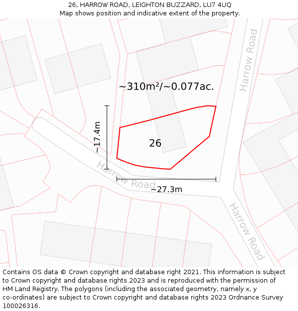 26, HARROW ROAD, LEIGHTON BUZZARD, LU7 4UQ: Plot and title map