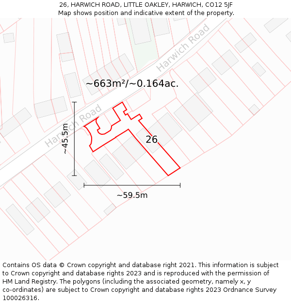 26, HARWICH ROAD, LITTLE OAKLEY, HARWICH, CO12 5JF: Plot and title map