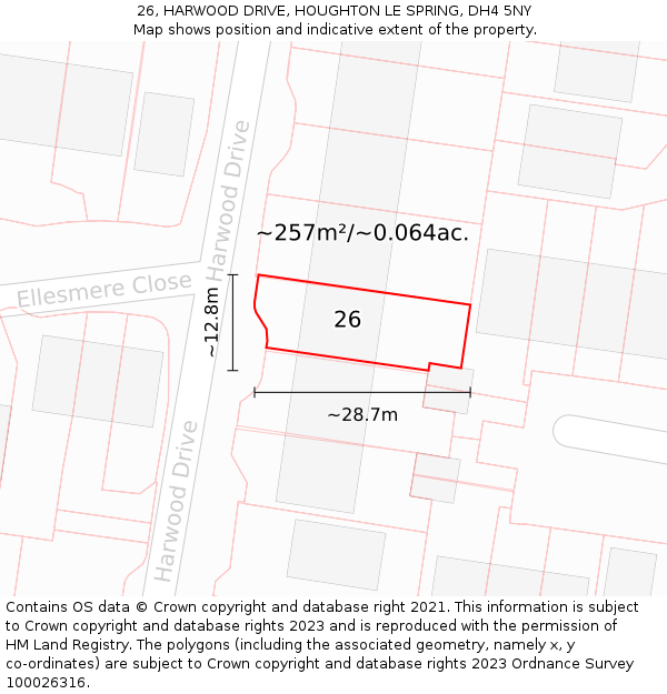 26, HARWOOD DRIVE, HOUGHTON LE SPRING, DH4 5NY: Plot and title map