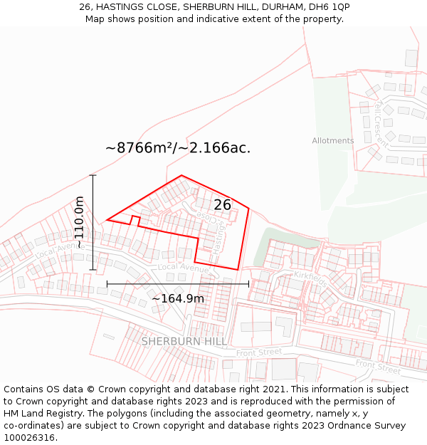 26, HASTINGS CLOSE, SHERBURN HILL, DURHAM, DH6 1QP: Plot and title map