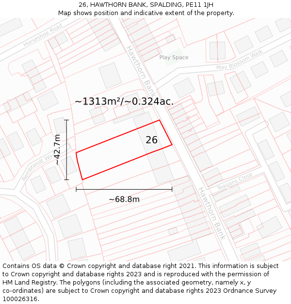 26, HAWTHORN BANK, SPALDING, PE11 1JH: Plot and title map