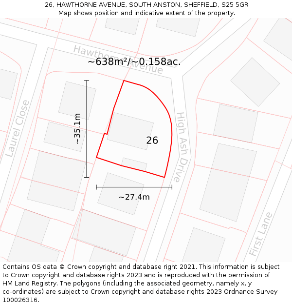 26, HAWTHORNE AVENUE, SOUTH ANSTON, SHEFFIELD, S25 5GR: Plot and title map