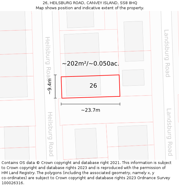 26, HEILSBURG ROAD, CANVEY ISLAND, SS8 8HQ: Plot and title map