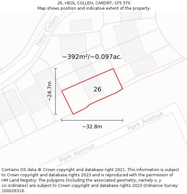 26, HEOL COLLEN, CARDIFF, CF5 5TX: Plot and title map