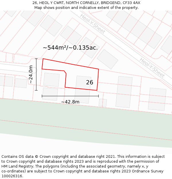 26, HEOL Y CWRT, NORTH CORNELLY, BRIDGEND, CF33 4AX: Plot and title map