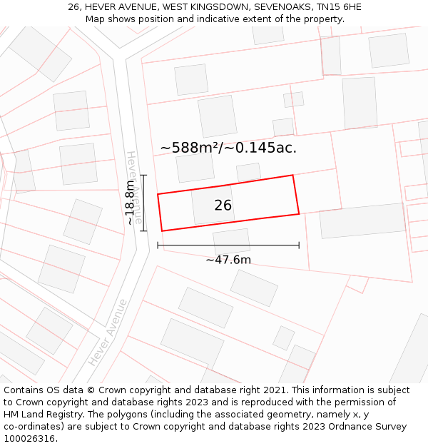26, HEVER AVENUE, WEST KINGSDOWN, SEVENOAKS, TN15 6HE: Plot and title map