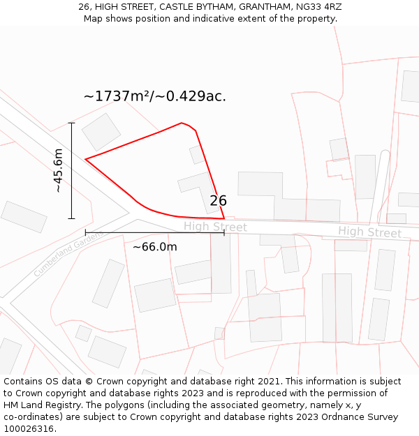 26, HIGH STREET, CASTLE BYTHAM, GRANTHAM, NG33 4RZ: Plot and title map