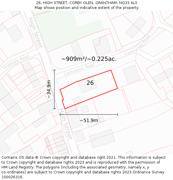 26, HIGH STREET, CORBY GLEN, GRANTHAM, NG33 4LX: Plot and title map