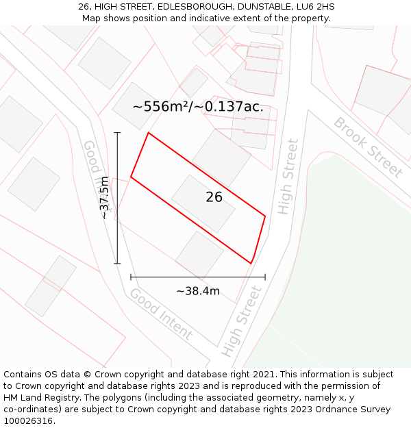 26, HIGH STREET, EDLESBOROUGH, DUNSTABLE, LU6 2HS: Plot and title map