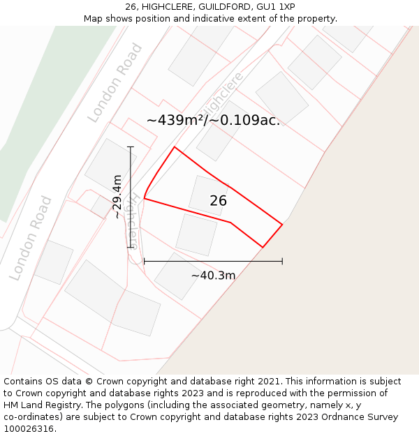 26, HIGHCLERE, GUILDFORD, GU1 1XP: Plot and title map