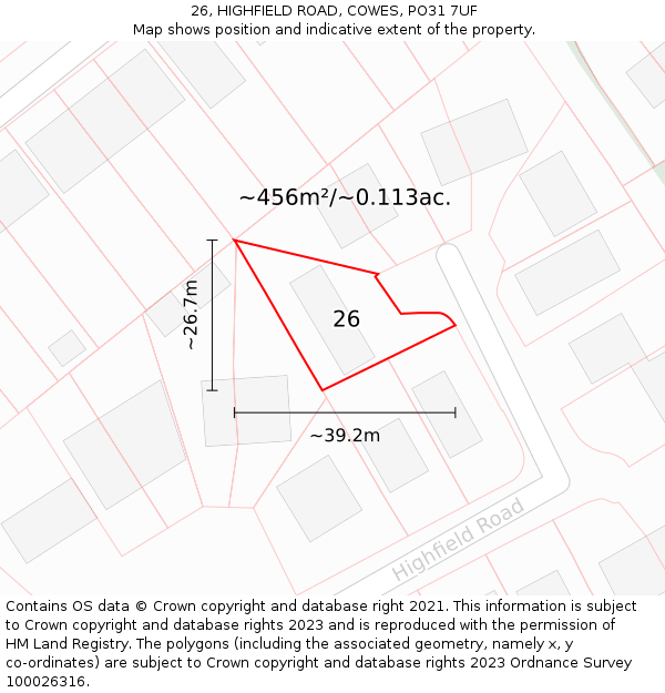 26, HIGHFIELD ROAD, COWES, PO31 7UF: Plot and title map