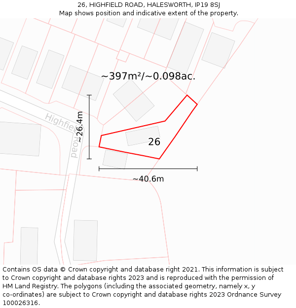 26, HIGHFIELD ROAD, HALESWORTH, IP19 8SJ: Plot and title map