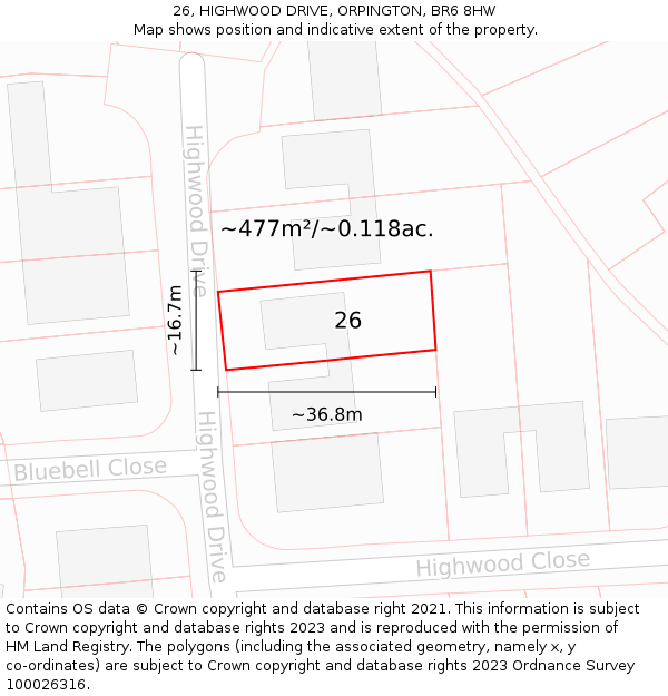 26, HIGHWOOD DRIVE, ORPINGTON, BR6 8HW: Plot and title map