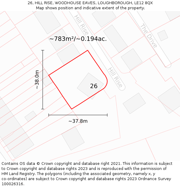 26, HILL RISE, WOODHOUSE EAVES, LOUGHBOROUGH, LE12 8QX: Plot and title map