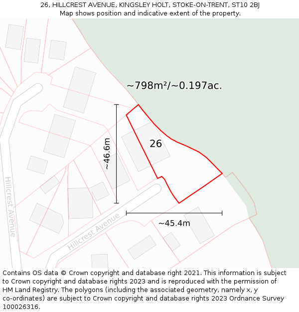 26, HILLCREST AVENUE, KINGSLEY HOLT, STOKE-ON-TRENT, ST10 2BJ: Plot and title map