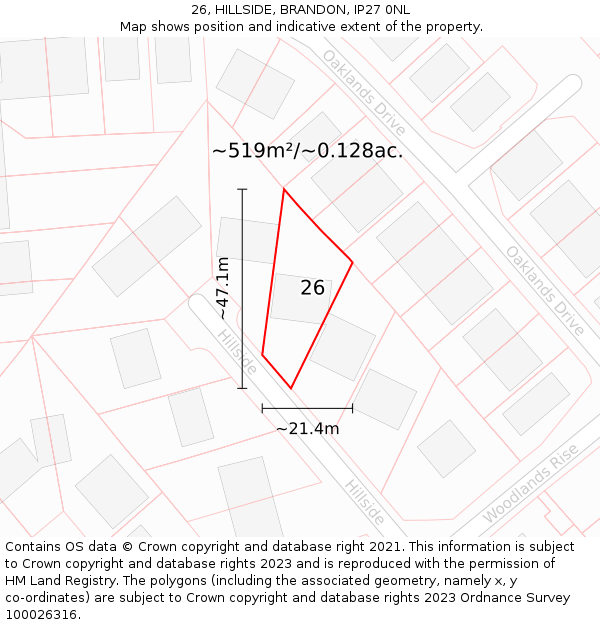 26, HILLSIDE, BRANDON, IP27 0NL: Plot and title map