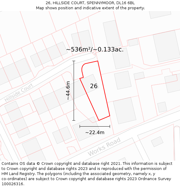 26, HILLSIDE COURT, SPENNYMOOR, DL16 6BL: Plot and title map