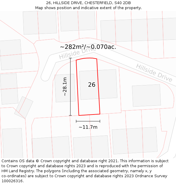 26, HILLSIDE DRIVE, CHESTERFIELD, S40 2DB: Plot and title map