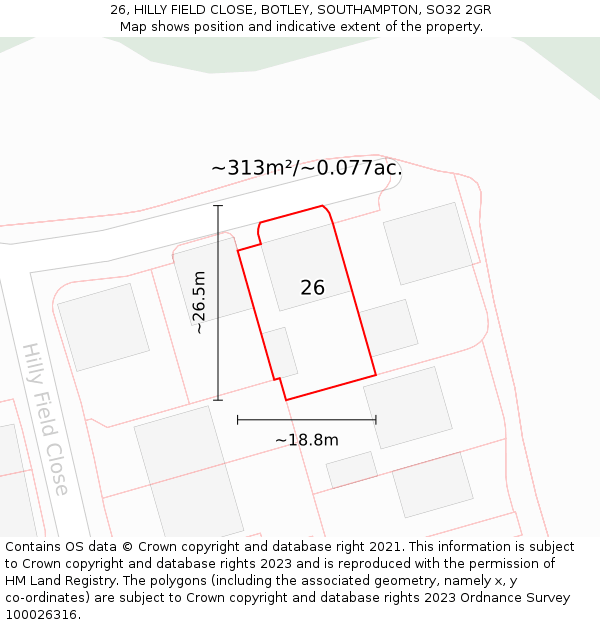 26, HILLY FIELD CLOSE, BOTLEY, SOUTHAMPTON, SO32 2GR: Plot and title map