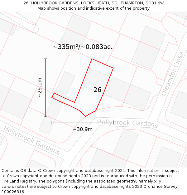 26, HOLLYBROOK GARDENS, LOCKS HEATH, SOUTHAMPTON, SO31 6WJ: Plot and title map