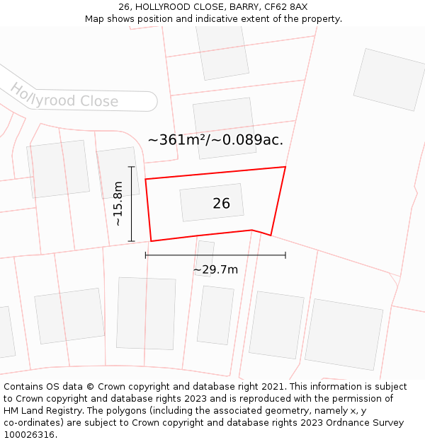 26, HOLLYROOD CLOSE, BARRY, CF62 8AX: Plot and title map