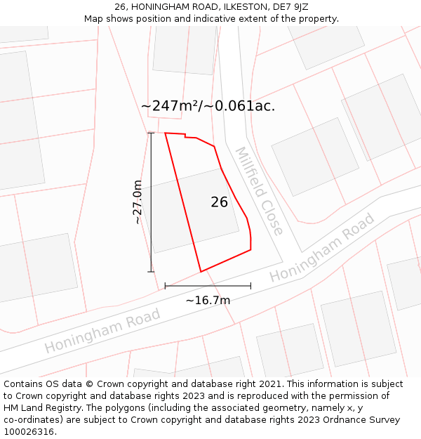 26, HONINGHAM ROAD, ILKESTON, DE7 9JZ: Plot and title map