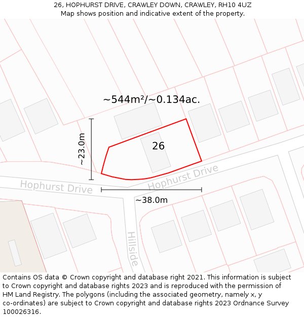 26, HOPHURST DRIVE, CRAWLEY DOWN, CRAWLEY, RH10 4UZ: Plot and title map