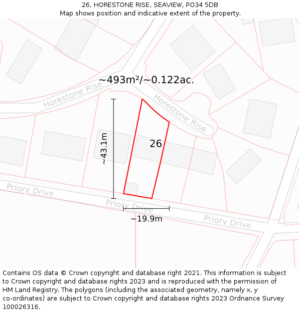 26, HORESTONE RISE, SEAVIEW, PO34 5DB: Plot and title map