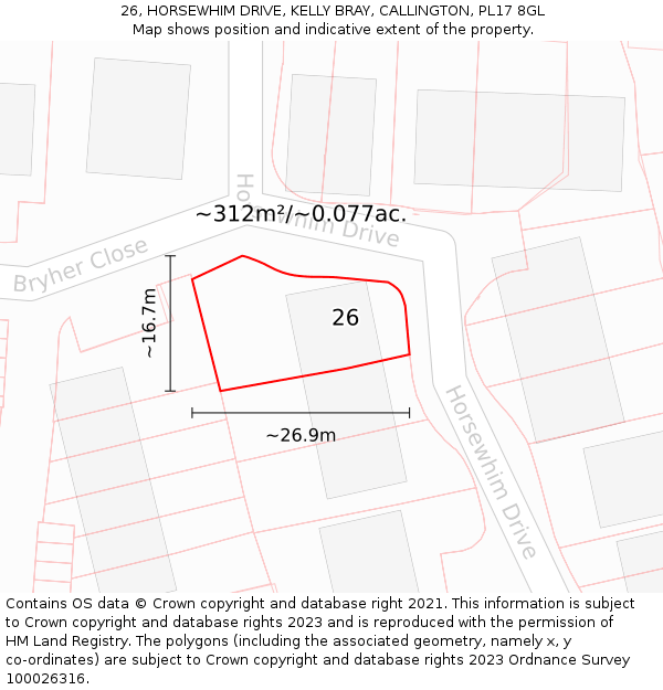 26, HORSEWHIM DRIVE, KELLY BRAY, CALLINGTON, PL17 8GL: Plot and title map