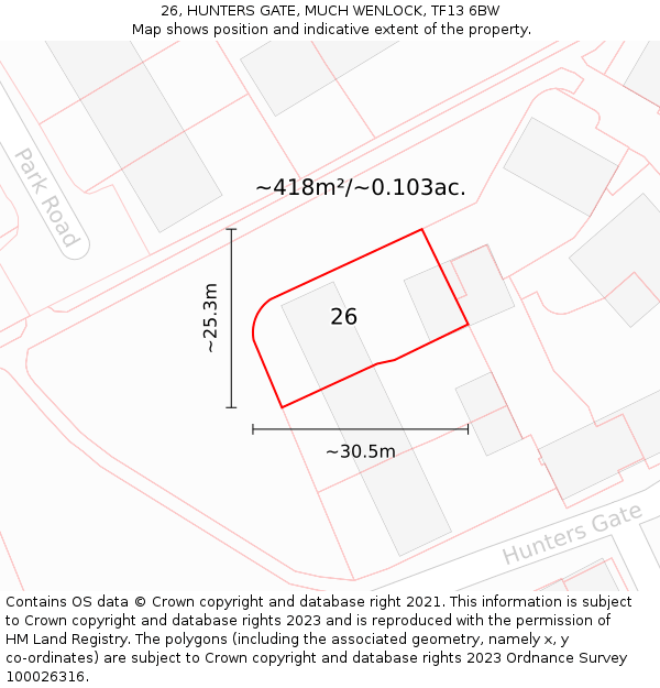 26, HUNTERS GATE, MUCH WENLOCK, TF13 6BW: Plot and title map