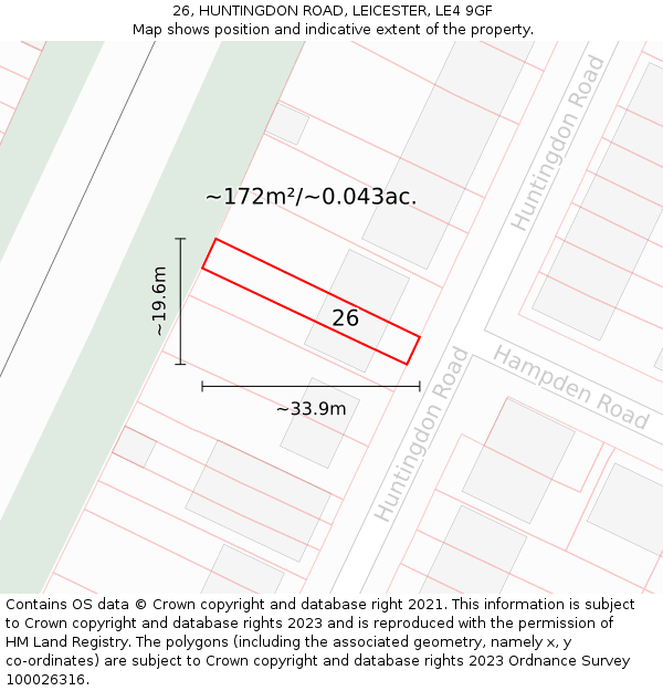 26, HUNTINGDON ROAD, LEICESTER, LE4 9GF: Plot and title map