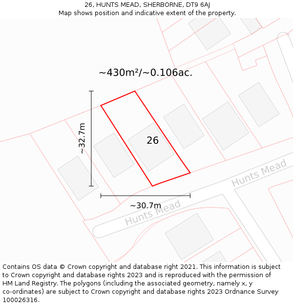 26, HUNTS MEAD, SHERBORNE, DT9 6AJ: Plot and title map