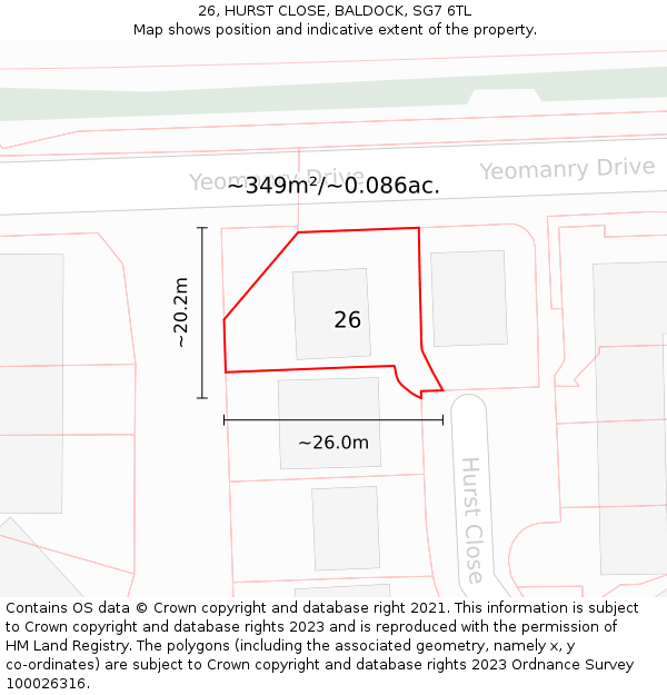 26, HURST CLOSE, BALDOCK, SG7 6TL: Plot and title map