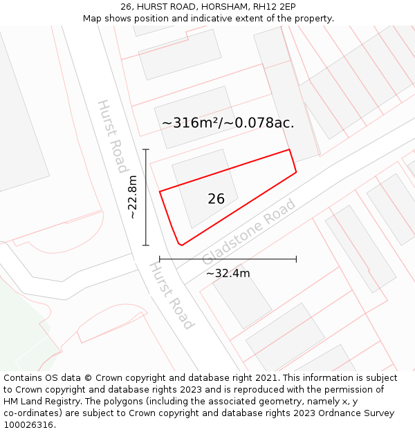 26, HURST ROAD, HORSHAM, RH12 2EP: Plot and title map