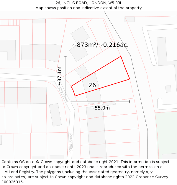 26, INGLIS ROAD, LONDON, W5 3RL: Plot and title map