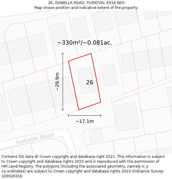 26, ISABELLA ROAD, TIVERTON, EX16 6EN: Plot and title map