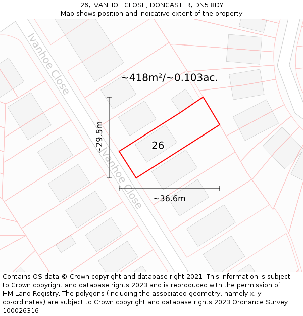 26, IVANHOE CLOSE, DONCASTER, DN5 8DY: Plot and title map