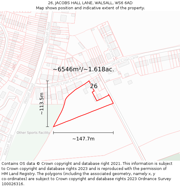 26, JACOBS HALL LANE, WALSALL, WS6 6AD: Plot and title map