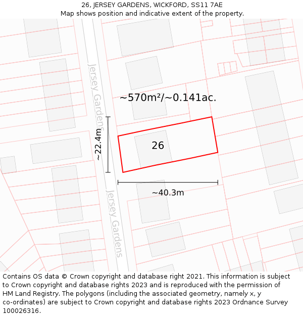 26, JERSEY GARDENS, WICKFORD, SS11 7AE: Plot and title map