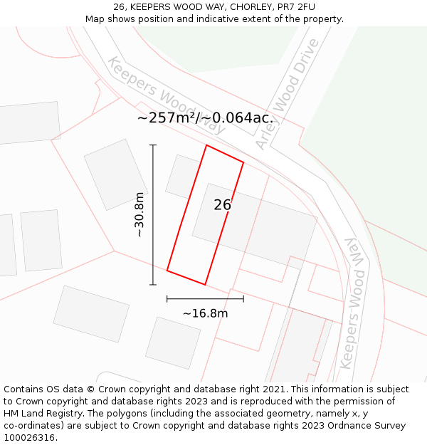 26, KEEPERS WOOD WAY, CHORLEY, PR7 2FU: Plot and title map