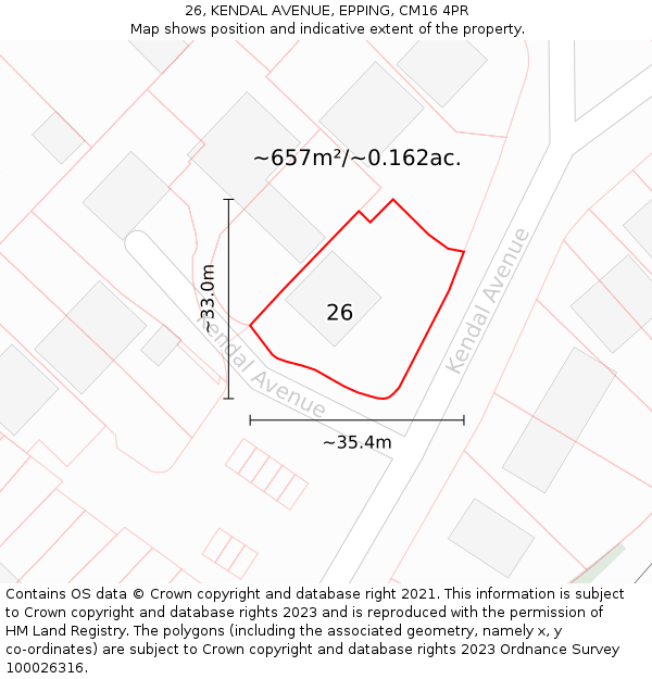 26, KENDAL AVENUE, EPPING, CM16 4PR: Plot and title map