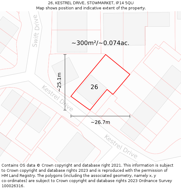 26, KESTREL DRIVE, STOWMARKET, IP14 5QU: Plot and title map