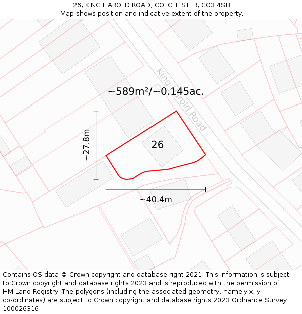 26, KING HAROLD ROAD, COLCHESTER, CO3 4SB: Plot and title map