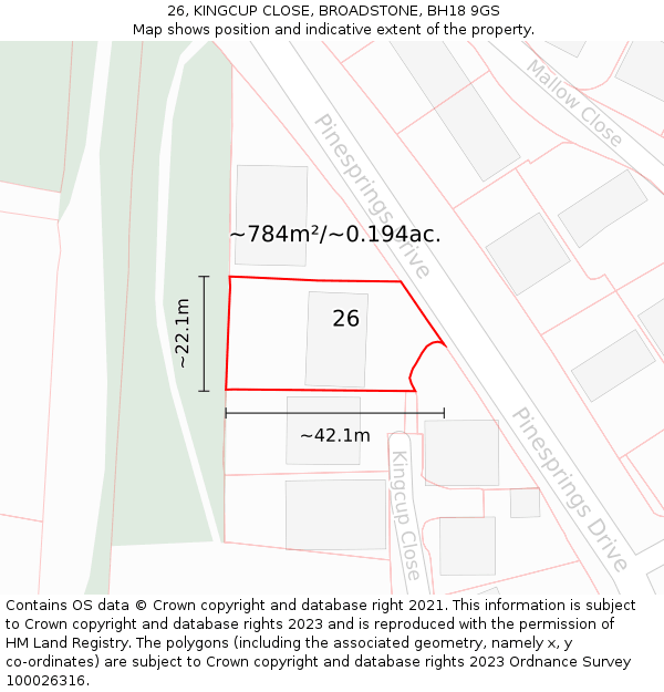 26, KINGCUP CLOSE, BROADSTONE, BH18 9GS: Plot and title map