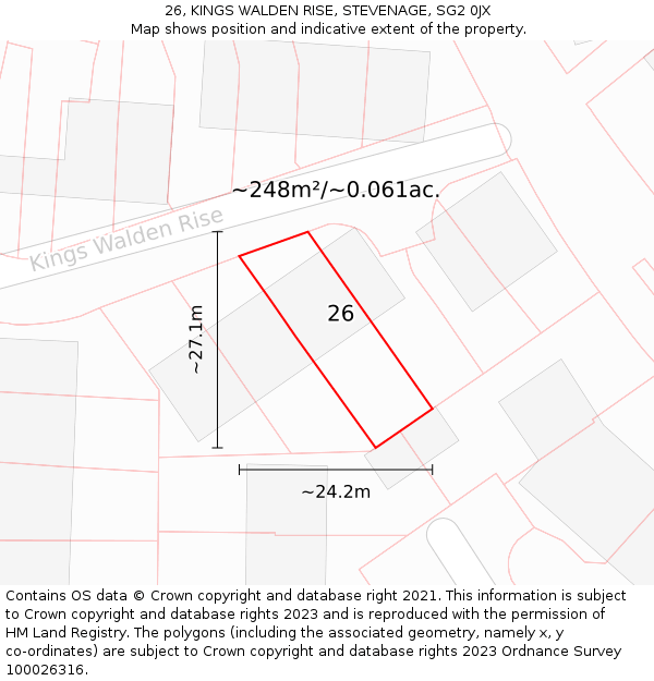 26, KINGS WALDEN RISE, STEVENAGE, SG2 0JX: Plot and title map