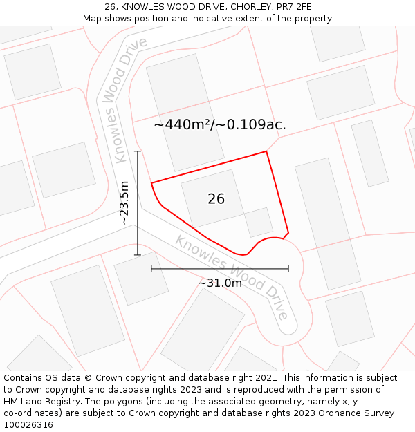 26, KNOWLES WOOD DRIVE, CHORLEY, PR7 2FE: Plot and title map